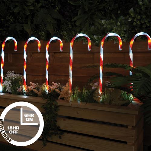 6pk B/O Outdoor LED Xmas Candy Cane with Timer