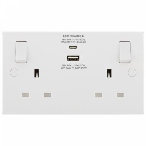 2 Gang Switched Socket with USB A and C Charger Output