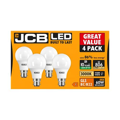 JCB 4pk 8.5w LED BC GLS Bulb Warm White