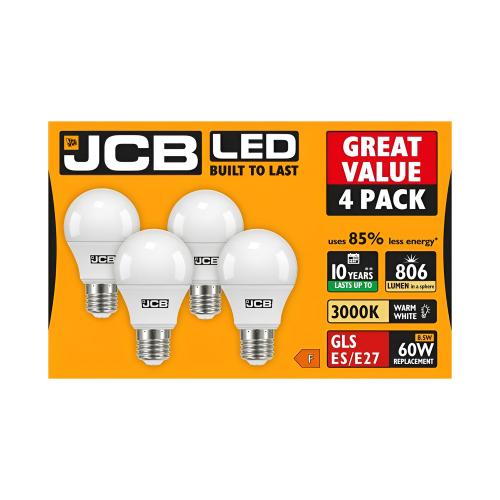JCB 4pk 8.5w LED ES GLS Bulb Warm White