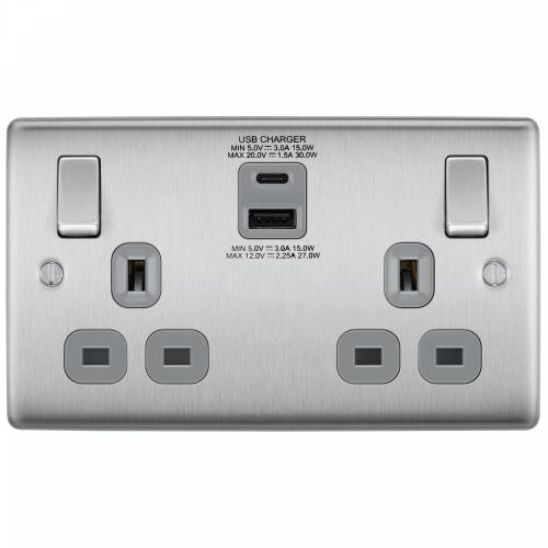 2 Gang Brushed Steel Socket with USB A and C Charger Output